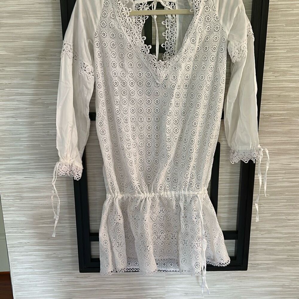 OndadeMar white eyelet tunic top swimwear cover-up dress size S long sleeve cott